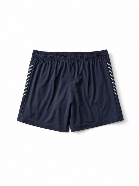 Navy blue athletic shorts with white diagonal stripes on the sides, shown flat against a white background.