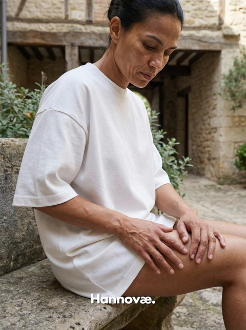 Woman in a Hannovae white t-shirt sitting outdoors with 'Hannovee' branding.