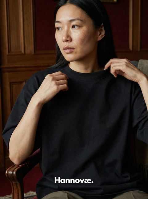 Person wearing a black Hannovae t-shirt with 'Hannovè' branding in an indoor setting.