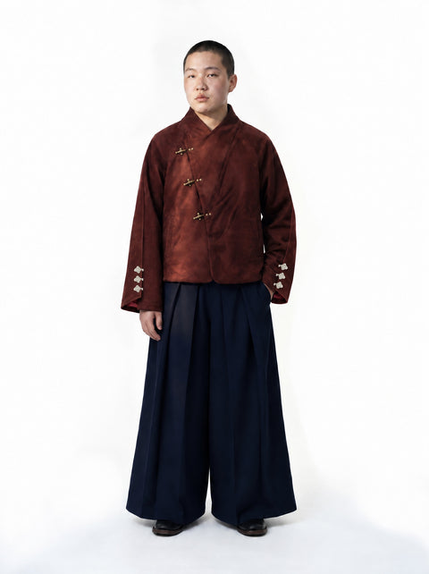 Rouge Hanfu worn: red faux suede jacket with antique brass hook clasps and white frog knots on the sleeves