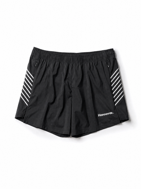 Black athletic shorts with white diagonal stripes on the sides and a white 'Hannovae' logo on the lower left leg, displayed flat against a white background.