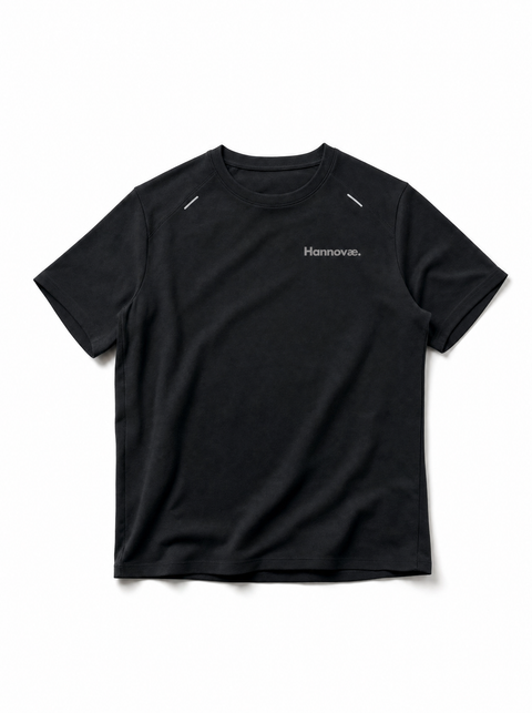 A black short-sleeve crewneck athletic t-shirt with 'Hannovae.' printed in white on the left chest, displayed flat against a white background.