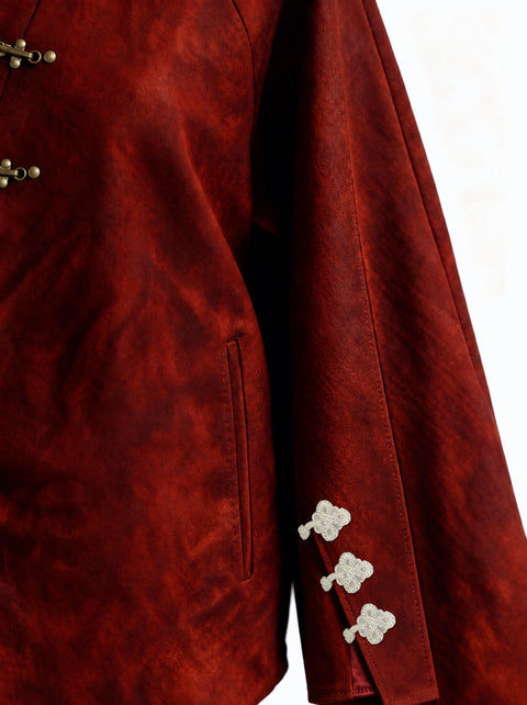 Rouge Hanfu sleeve close-up: separate panel closed with three white twisted-rope frog knots
