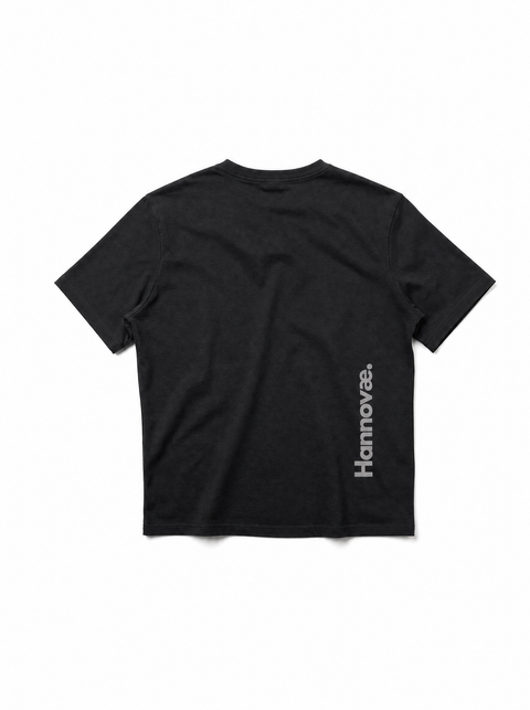 Black Hannovae t-shirt with branding on a white background