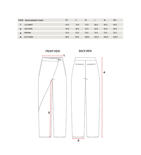 Pants measurement chart with front and back views on a white background
