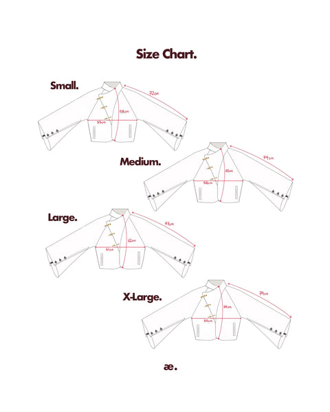Size chart for a jacket with measurements labeled for small, medium, large, and extra-large sizes. for the Hannovae Dune Hanfu