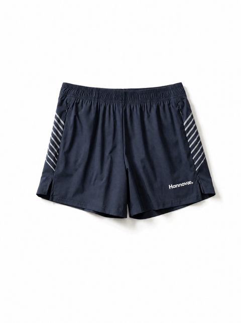 Navy blue athletic shorts with white diagonal stripes on the sides and a white 'Hannovae' logo on the lower left leg, shown flat on a white background.