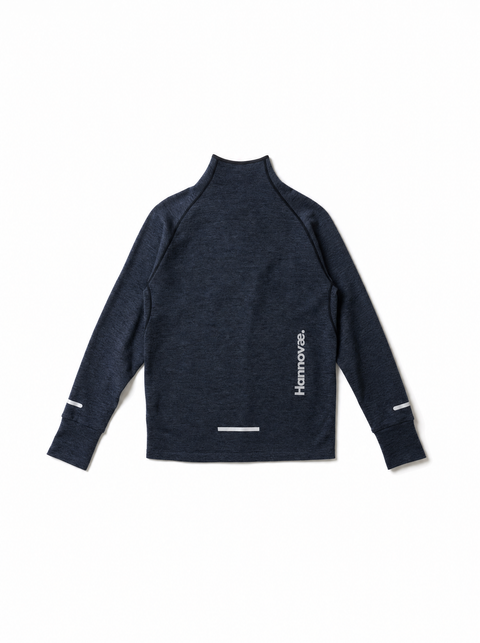A dark navy blue long-sleeve athletic top with a mock neck, featuring a vertical white 'Hannovae' logo on the right side and reflective white stripe details on the sleeves and hem, displayed against a solid white background.