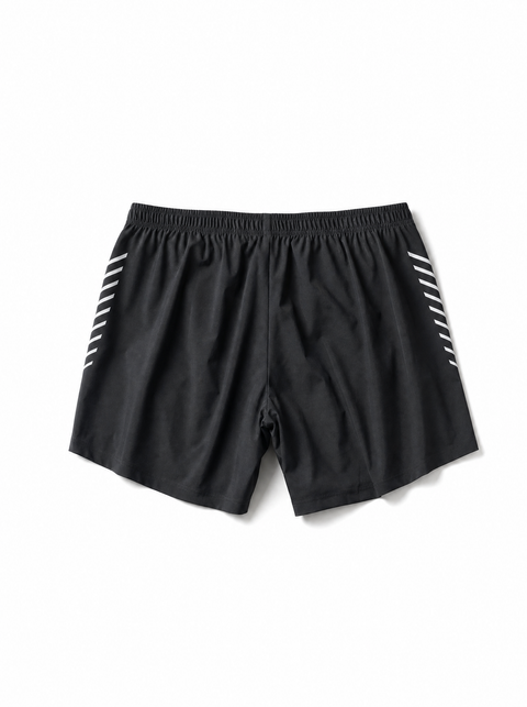 Black athletic shorts with white diagonal stripe details on both sides, displayed flat against a white background.