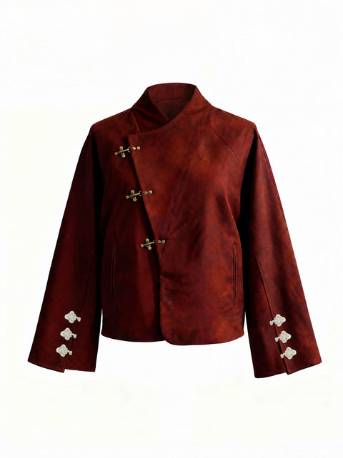 Rouge Hanfu front on white: stand collar, cross-over front, three brass hook clasps, white frog knots on each sleeve