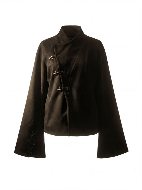 Dark brown Hannovae jacket with button details on a white background