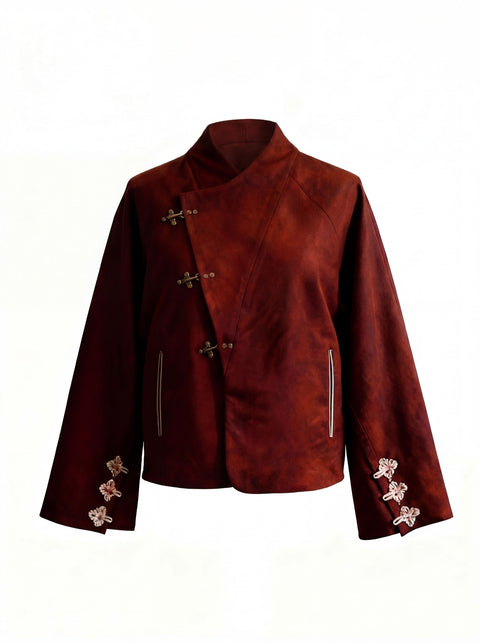 Red Rouge Hannovae Hanfu jacket with floral embellishments on a white background