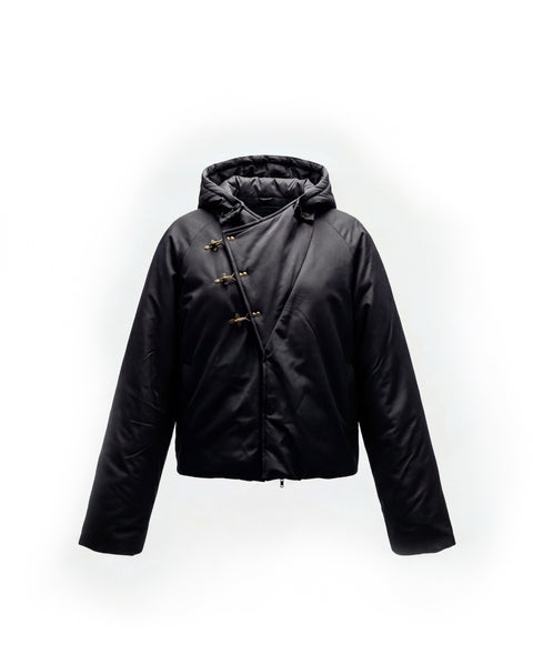 Black Hannovae jacket with a hood on a white background